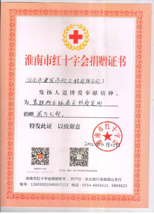 2022年淮南市紅十字會捐贈證書